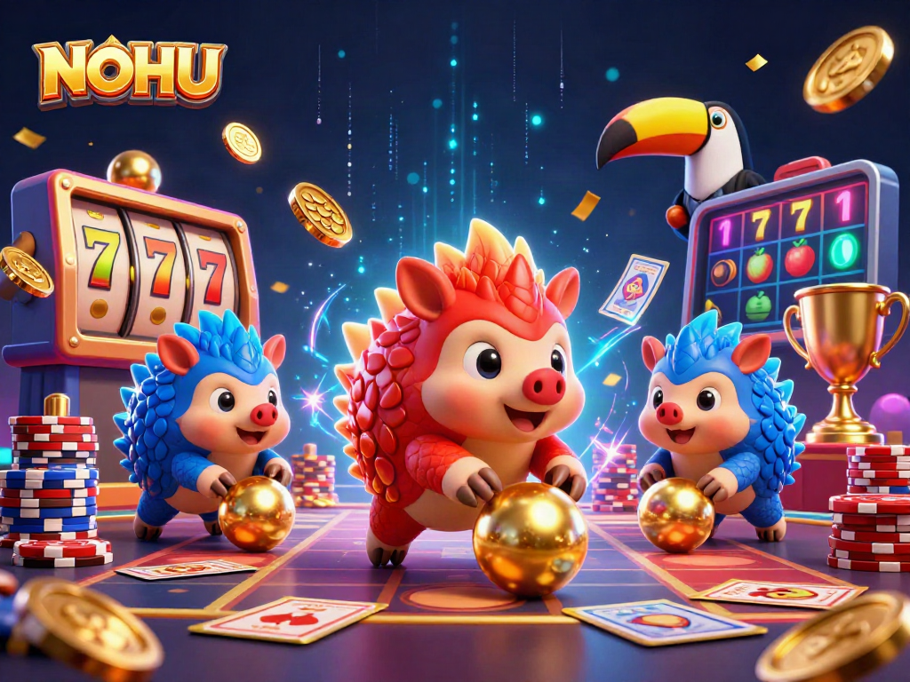 NOHU pangolins compete in a vibrant casino scene filled with slots and golden coins.