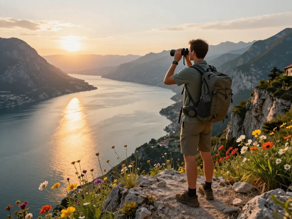Gardasee Reisetipps: Atemberaubende Sonnenuntergangsansicht am Gardasee mit einem Reisenden, der die malerische Landschaft erkundet.