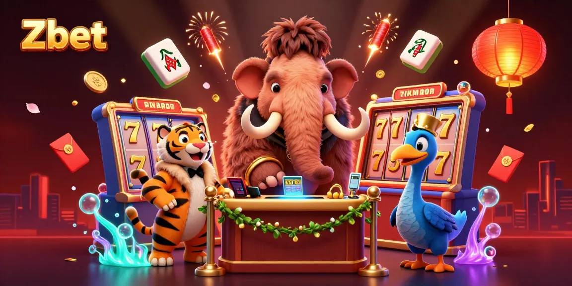 Experience vibrant gaming action with Zbet as fun characters and colorful slots decorate this thrilling casino scene.