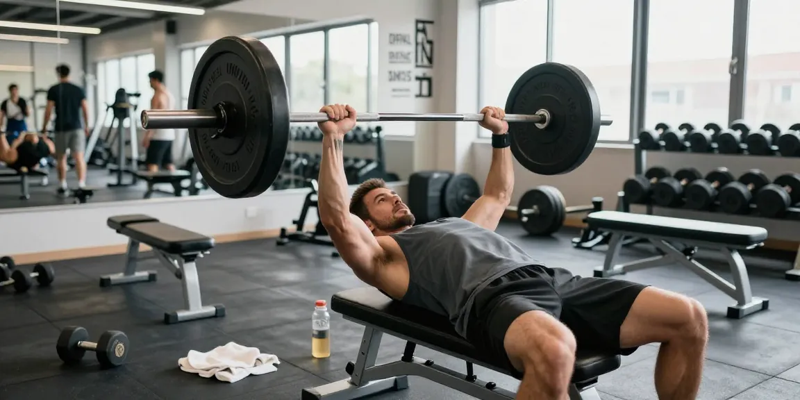 Deus Medical Anabolika im Fitnessstudio, Athlet trainiert intensiv mit Hanteln.