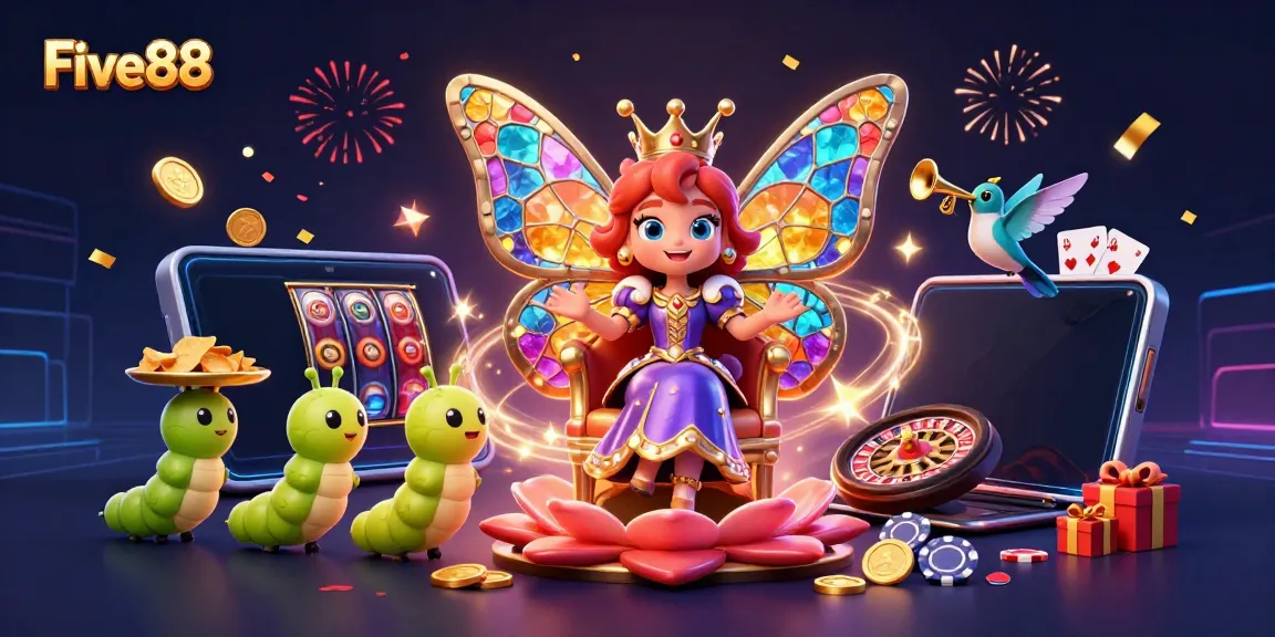 Engage with Five88, the ultimate casino experience featuring a magical scene of a butterfly queen and gaming elements.