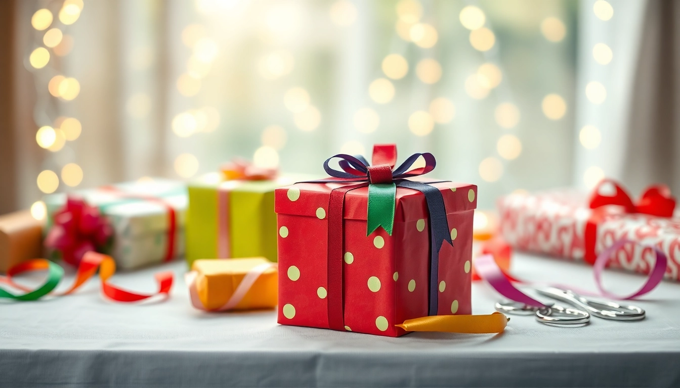 Verpacke kreative perfekte Geschenkidee mit buntem Papier und Schleifen.