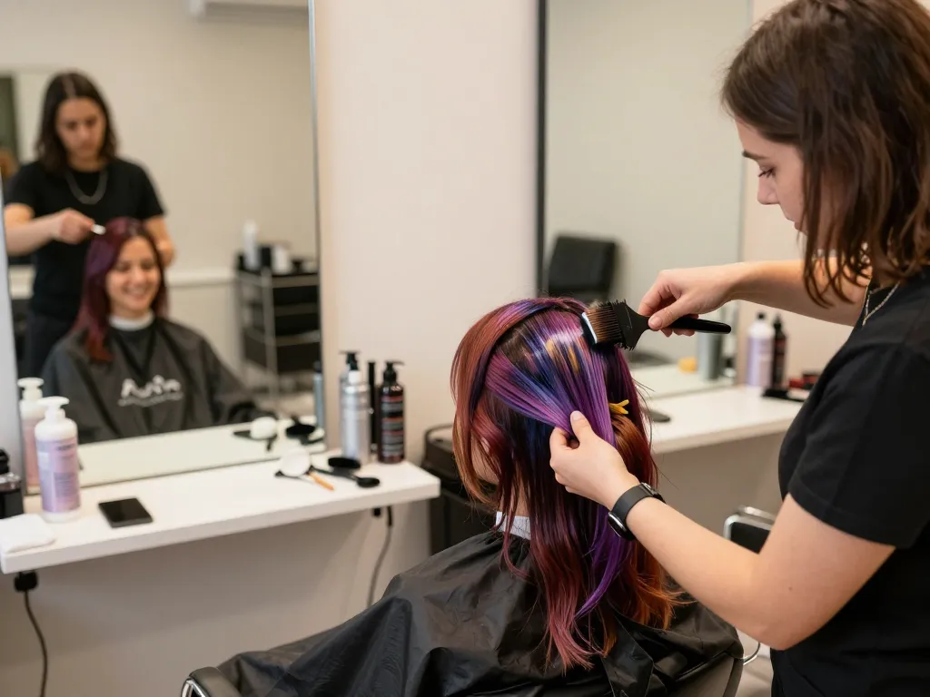 現代的なサロンでヘアカラービューティーサロンの施術を行っているプロのスタイリスト。