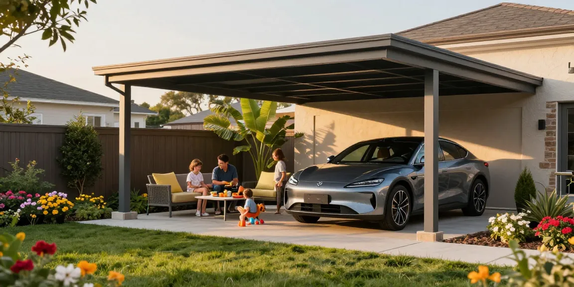 Eleganter Carport im Garten mit Familie, die Grillparty feiert und Auto schützt.
