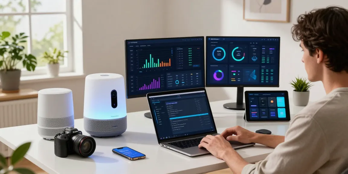 Homey Pro 2026 Test featuring smart home workspace with devices, automation interfaces, and tech-savvy individual.