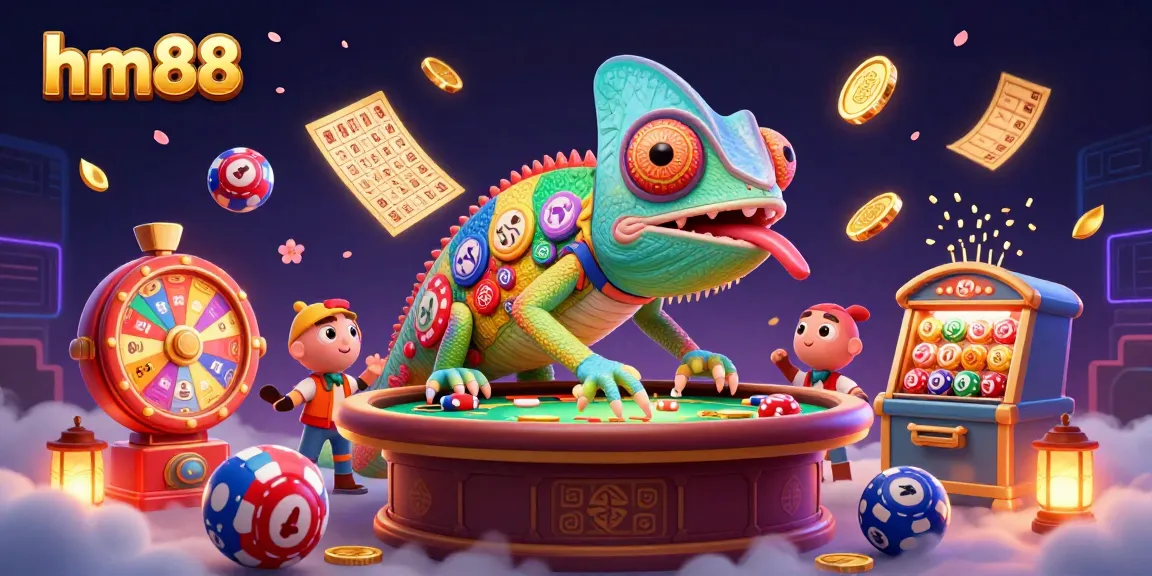 Engage in thrilling gameplay at hm88 with a vibrant casino scene enriched by golden coins and lively lottery balls.