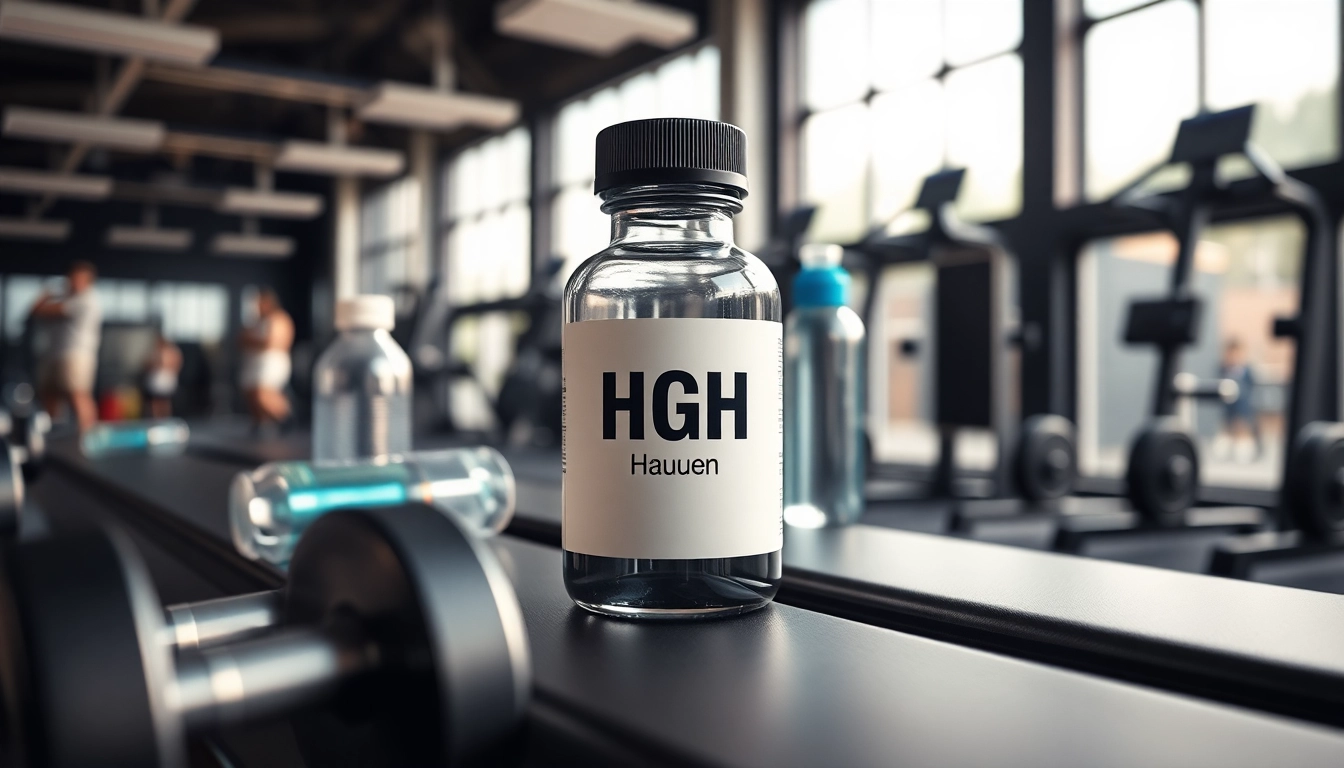 HGH kaufen: Flasche für Wachstumshormon auf einem Trainingsregal im Fitnessstudio.