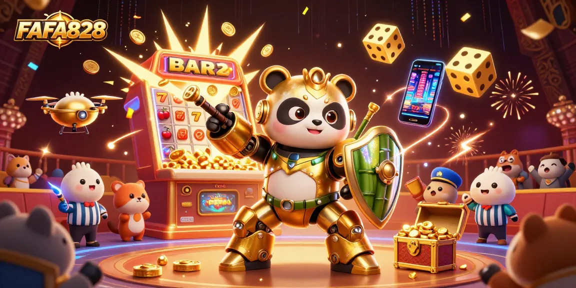 Experience FAFA828 with a vibrant 3D illustration of an exciting casino scene filled with lively game elements.