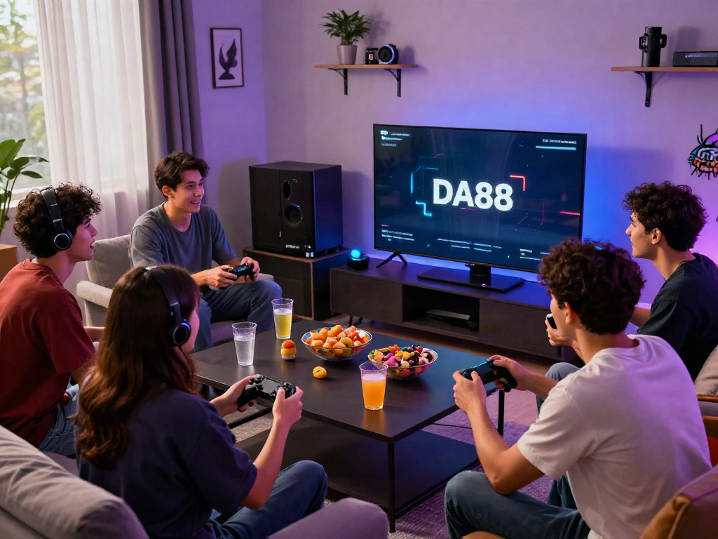 The DA88 gaming experience showcased through a lively gathering of friends enjoying intense gameplay in a cozy setup.