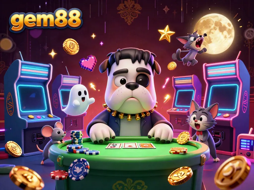 Engage with gem88's vibrant 3D casino illustration showcasing gaming excitement at a spooky table.