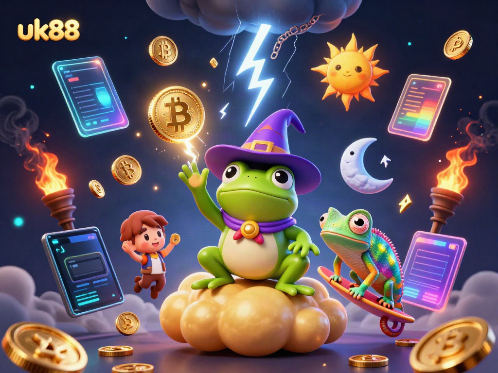 Engage in thrilling gaming at uk88 with a vibrant 3D illustration of a weather wizard frog, golden coins, and crypto elements.