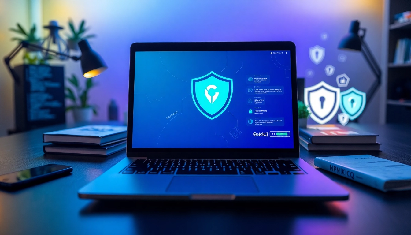 笔记本上的 QuickQ VPN 界面，展示用于安全在线访问的创新技术。