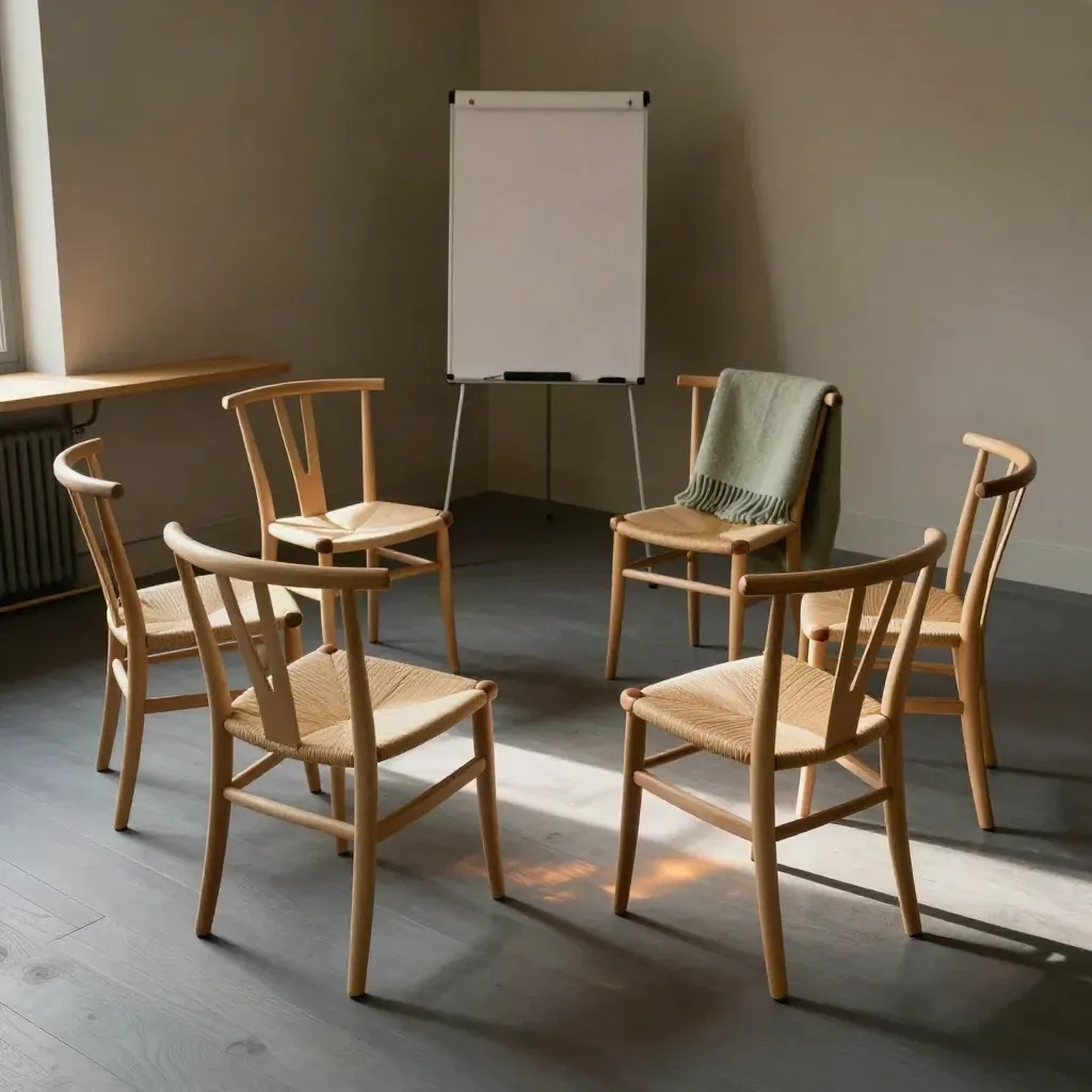 Warmes Seminarzimmer mit sechs Holzstühlen, Flipchart und Salbeigrün im Seitenlicht.