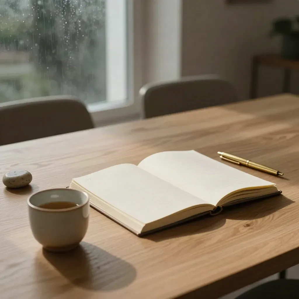 Beratungstisch aus Eiche mit Notizbuch, Tasse und warmem Abendlicht nach Regen
