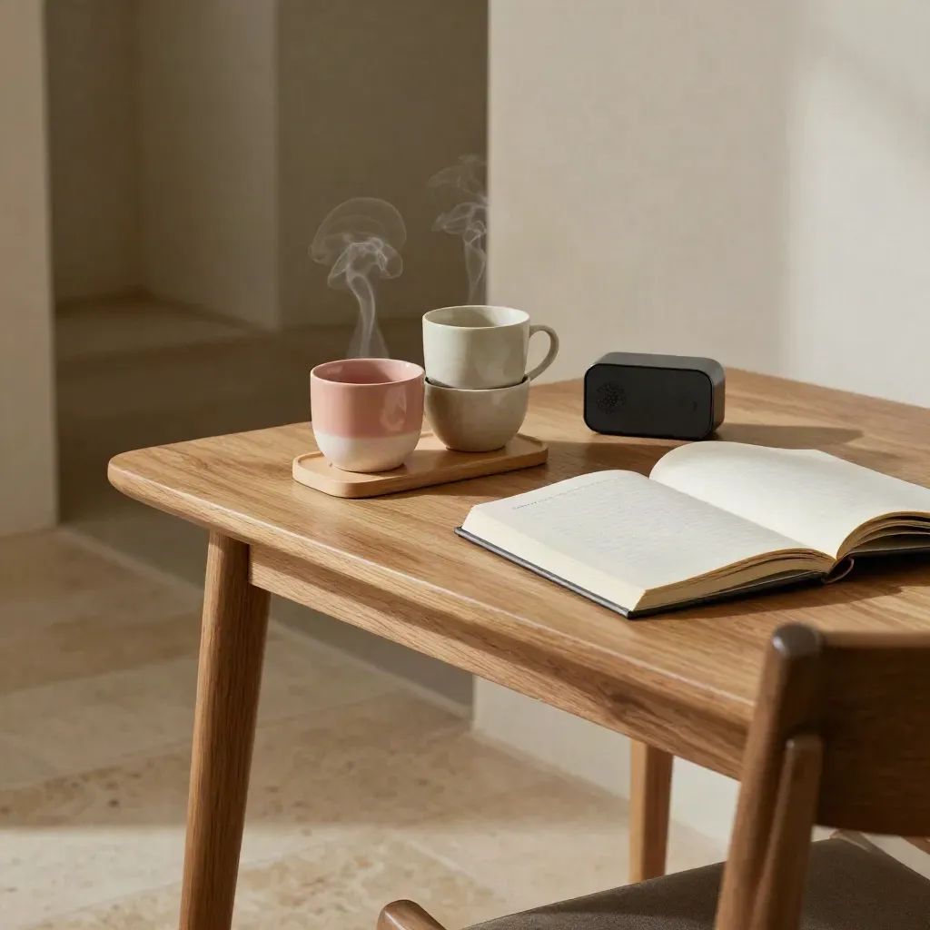 Flur-Tisch mit Telefondock, zwei Bechern, Timer und halboffenem Notizbuch nach dem Call.