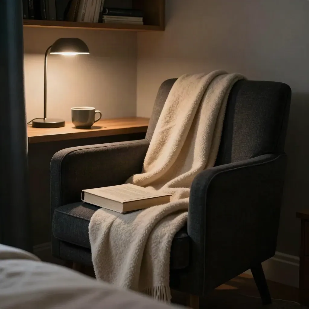 Leseecke mit Sessel, Wolldecke, Buch und Keramiktasse im warmen Licht.