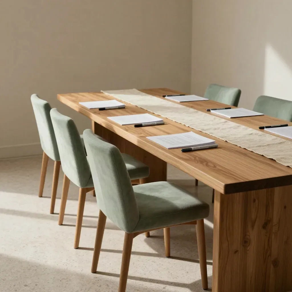 Warmer Workshopraum mit vier Stühlen, Tisch, Papierstapeln und Leinrunner im Morgenlicht.