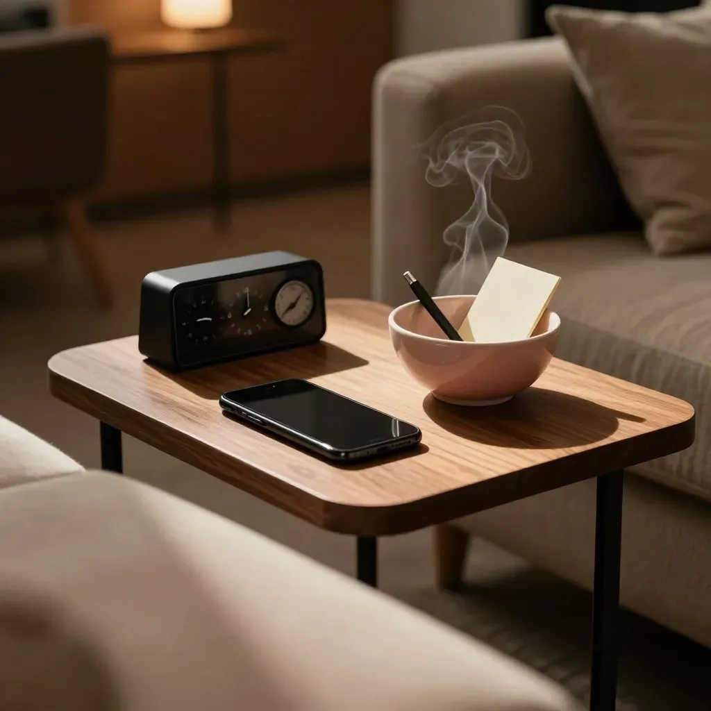 Kleine Sofaecke mit Telefon, Timer und roséfarbener Schale im warmen Nachmittagslicht.