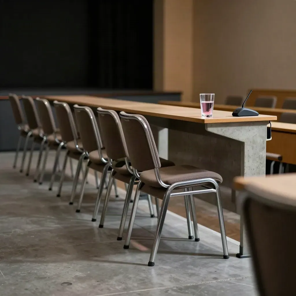 Gestapelte Stühle, Mikrofonfuß und Wasserglas an einem Rednerpult im leeren Saal.