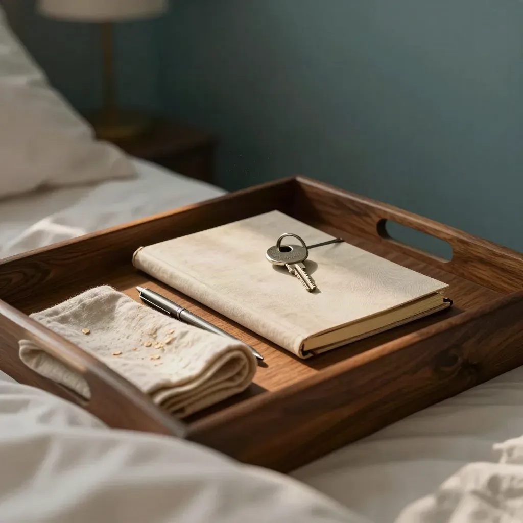 Nächtliche Bettkante mit Notizbuch, Schlüsselring und Stoff auf einem Tray im warmen Lampenlicht