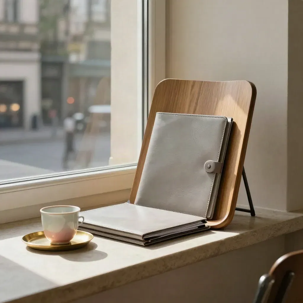 Beratungsstuhl am Fenster mit Mappe und Tasse, warmes Kölner Stadtlicht im Hintergrund.