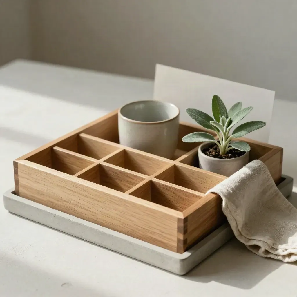 Holz-Organizer mit Tasse, Leinentuch und Kräutertopf auf heller Steinplatte.