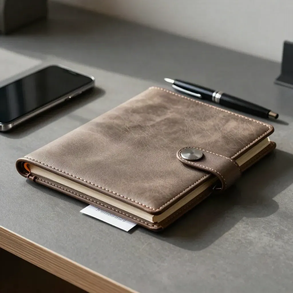 Leder-Portfolio mit Stift, Handy und Umschlag auf graphitgrauem Schreibtisch.