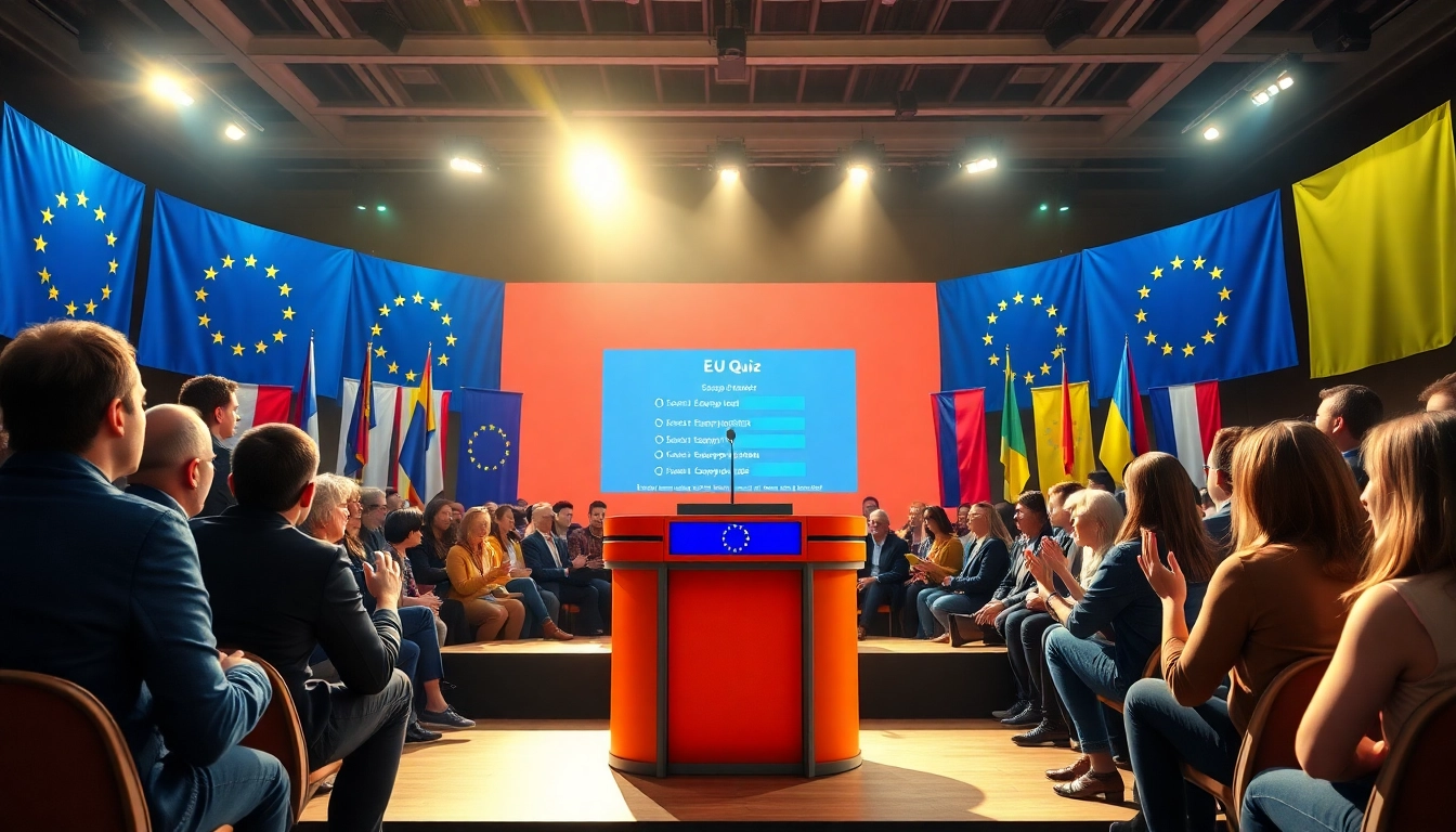 Teilnehmer konzentrieren sich auf das EU Quiz in einer lebhaften Wettbewerbssituation.