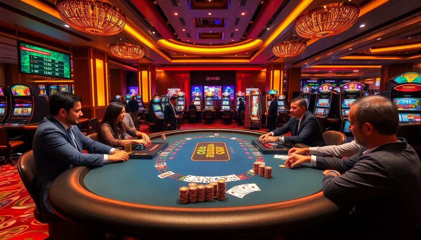 Players enjoying qh88 casino games at a vibrant gaming table, showcasing excitement and luxury.