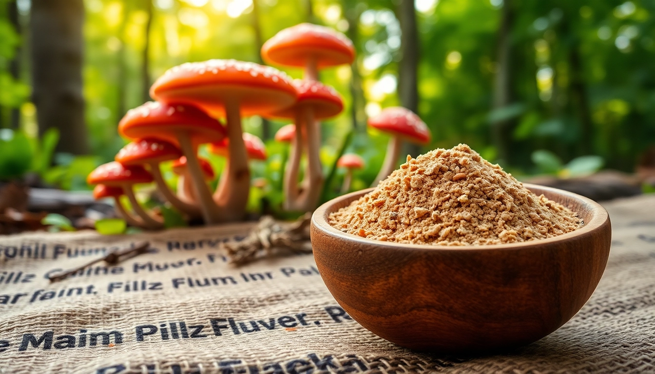 Fliegenpilz pulver in einer rustikalen Schale vor roten Fliegenpilzen im Wald.