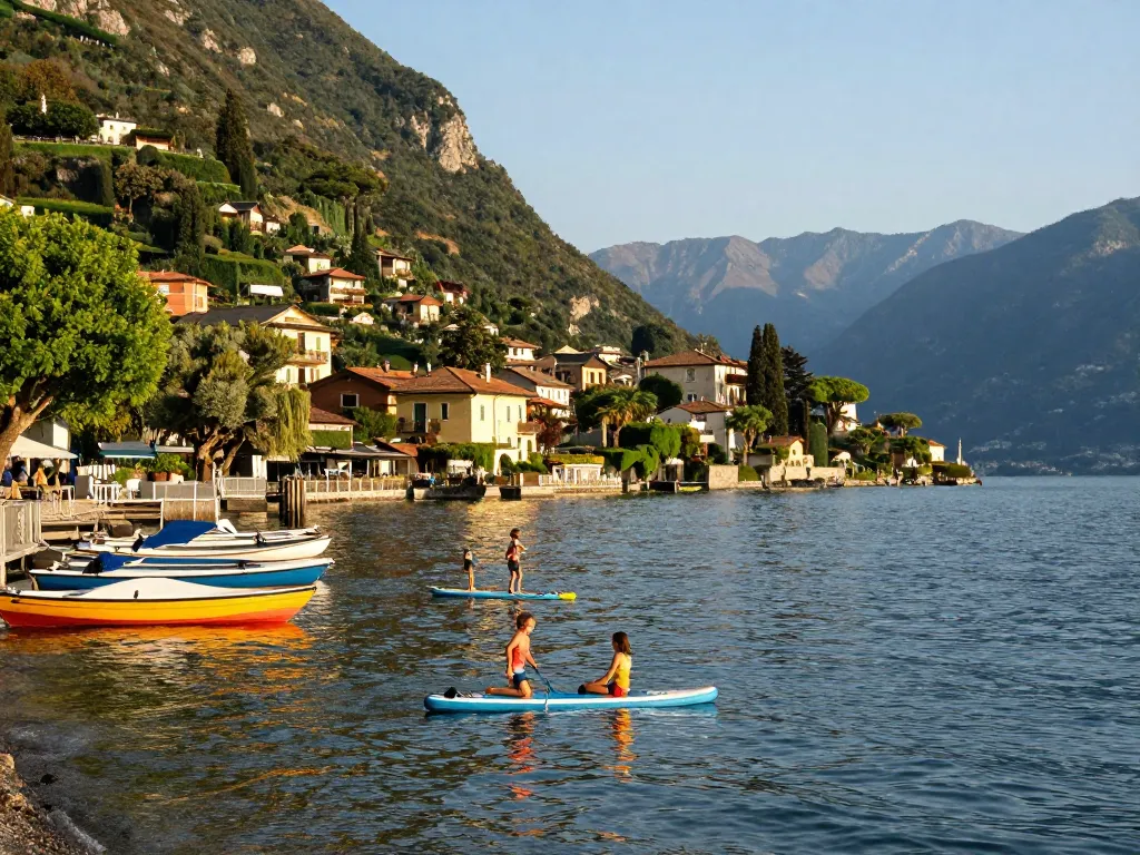 Familie genießt Urlaub am Gardasee mit Aktivitäten am See bei Sonnenuntergang.