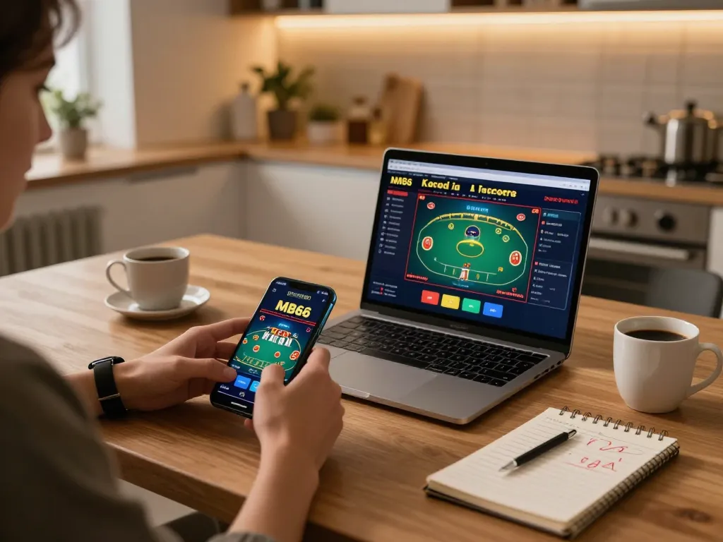 Engaging in mobile casino gaming on MB66 smartphone at modern kitchen, showcasing strategy.