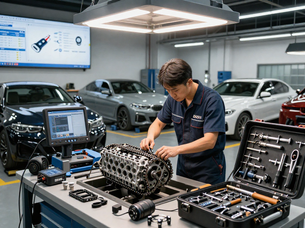 BMW Steuerkette wechseln in der Werkstatt mit spezialisierten Werkzeugen und einem Mechaniker bei der Arbeit