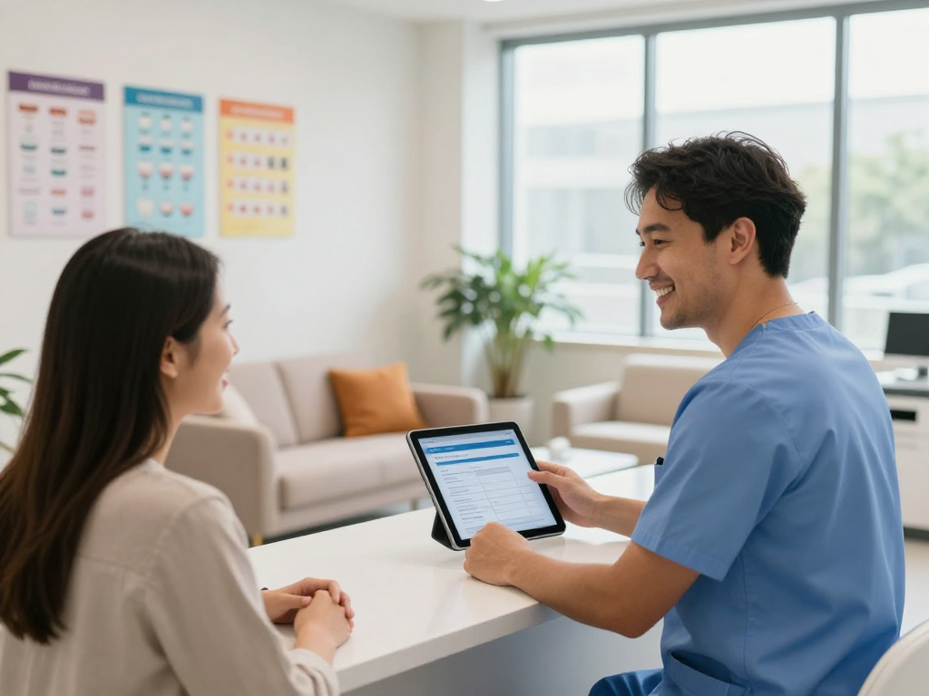 Gemeinschafts-Praxis für Zahnarztleistungen mit Patienteninteraktion, die Vertrauen und Fürsorge fördert.