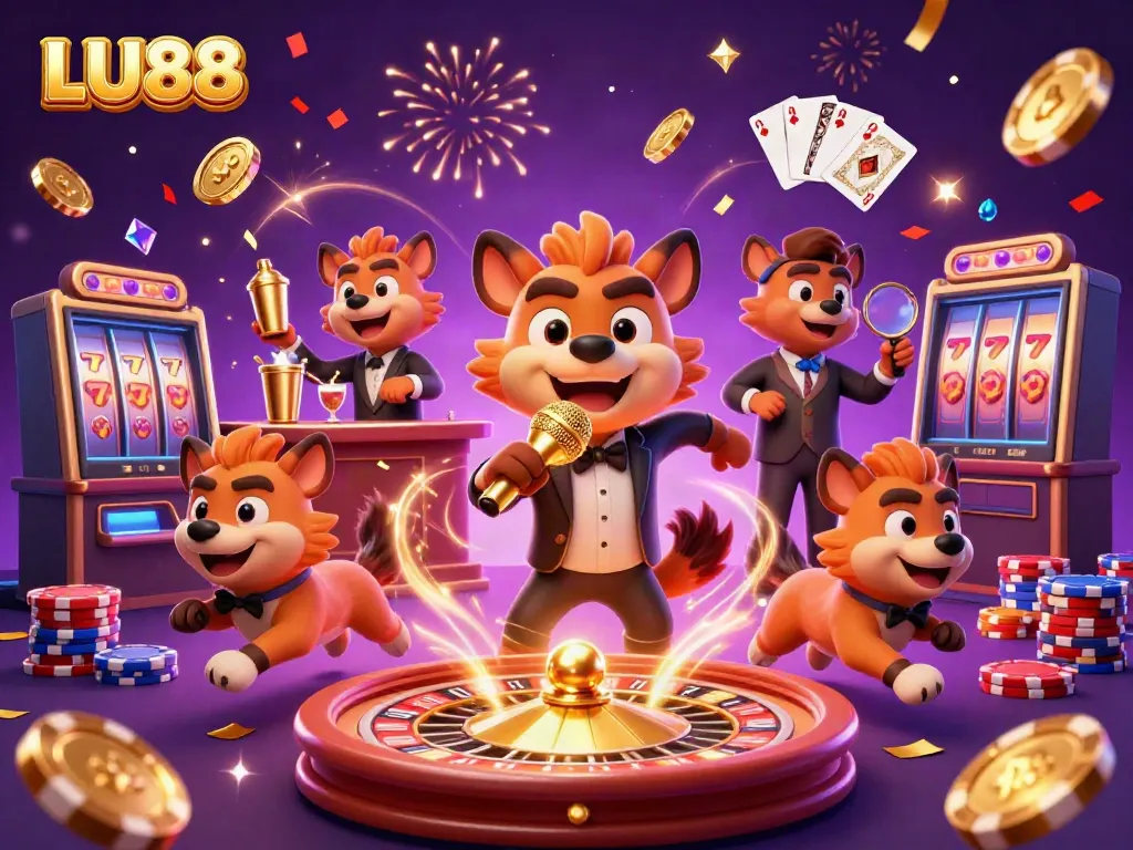 LU88 showcases a vibrant casino scene with hyenas, golden coins, and a dynamic roulette.