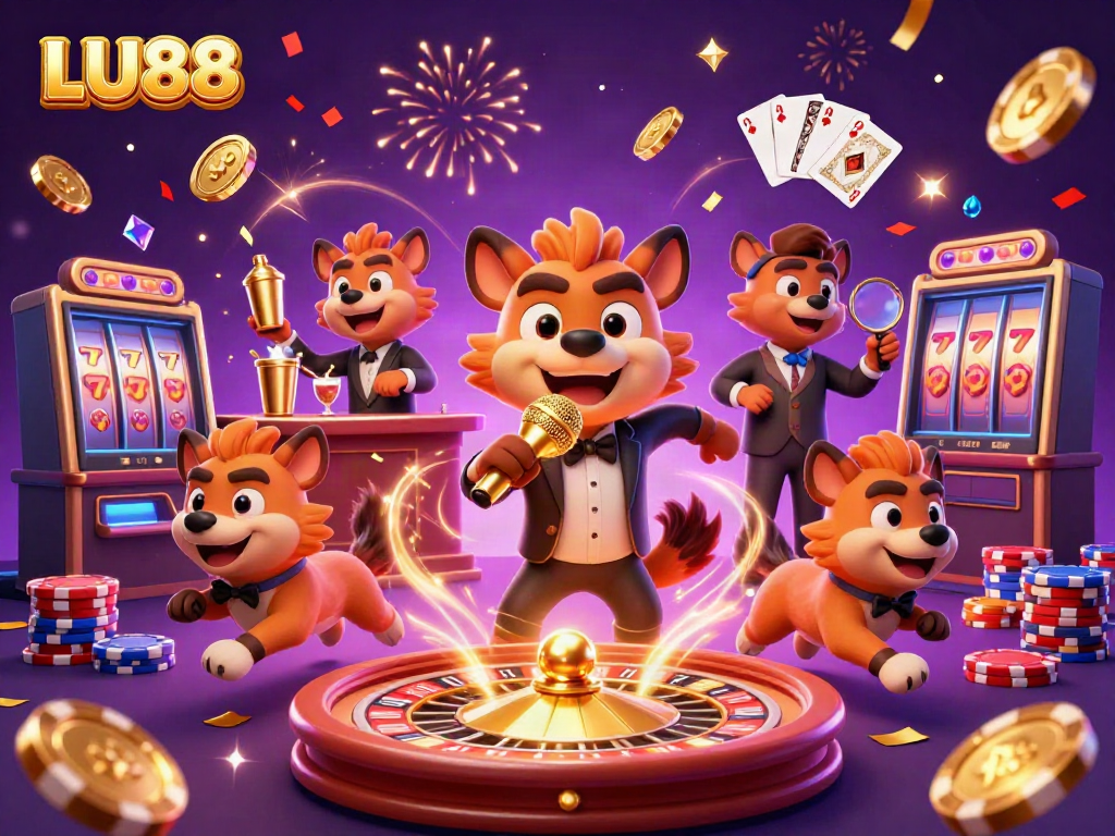 LU88 showcases a vibrant casino scene with hyenas, golden coins, and a dynamic roulette.