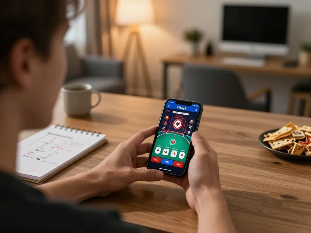 79king2 mobile gaming experience with strategic poker on a smartphone in a cozy home office.