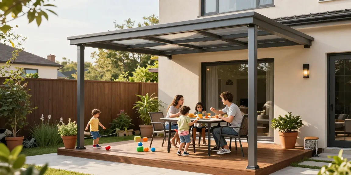 Moderne Terrassenüberdachung schützt beim Spielen und Essen auf der Terrasse.