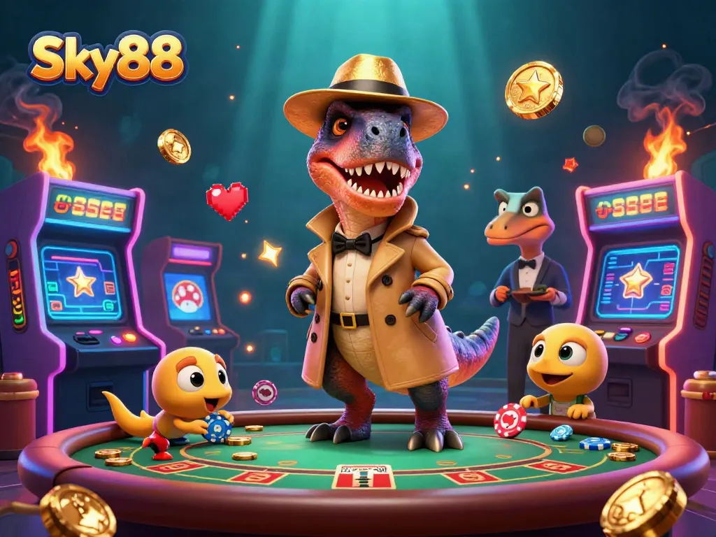 Engage in winning strategies with Sky88's vibrant casino scene featuring a velociraptor card counter.