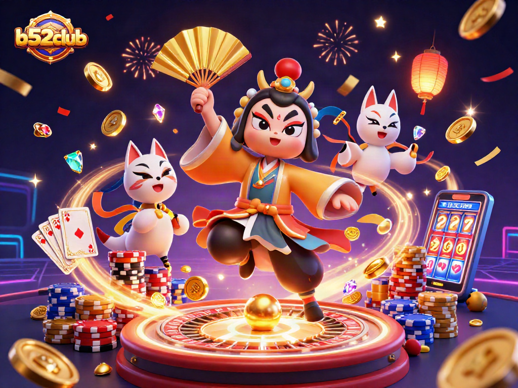 Engage in the thrilling atmosphere of b52club with a lively 3D casino scene featuring a kabuki warrior and vibrant game elements.