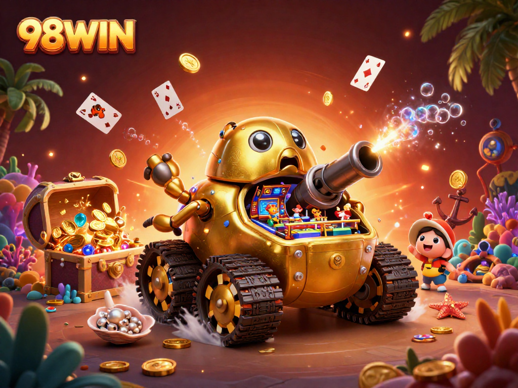 Join the exciting world of 98WIN where a massive golden beetle tank bursts with casino fun and treasures!