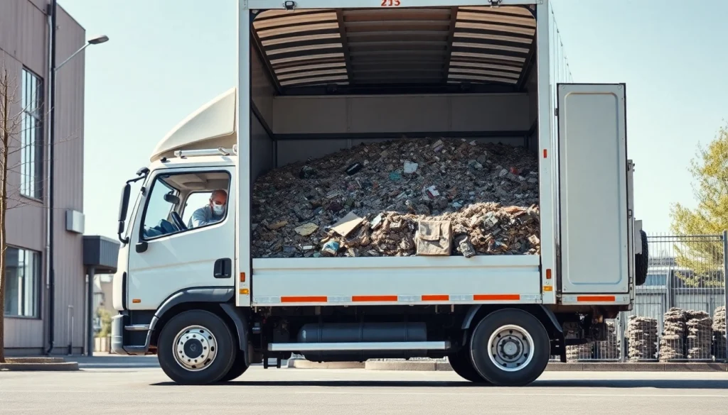 Professionelle Schrottabholung Düsseldorf: Ein Lastwagen voller Schrott wird am Straßenrand entladen.