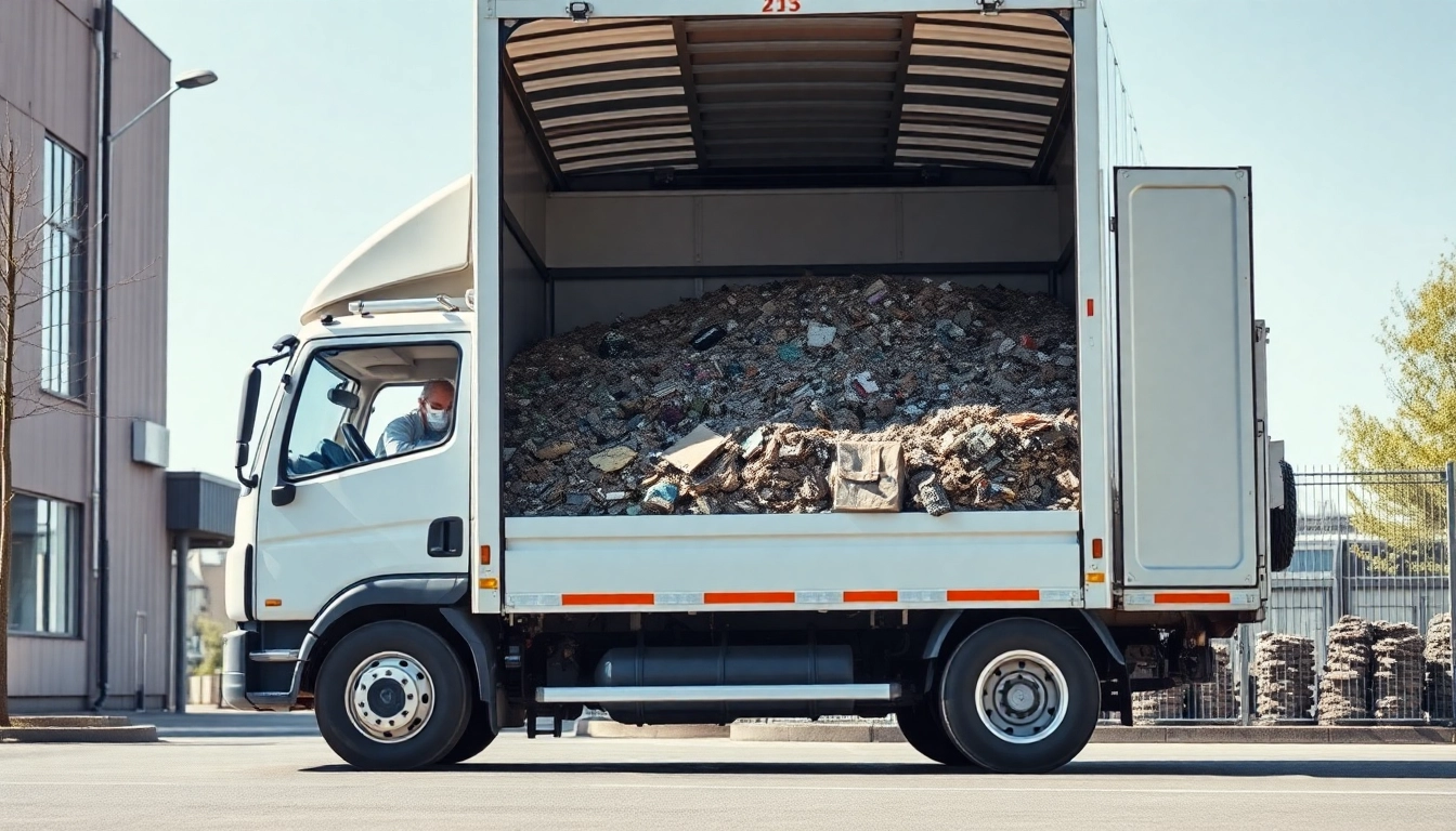 Professionelle Schrottabholung Düsseldorf: Ein Lastwagen voller Schrott wird am Straßenrand entladen.
