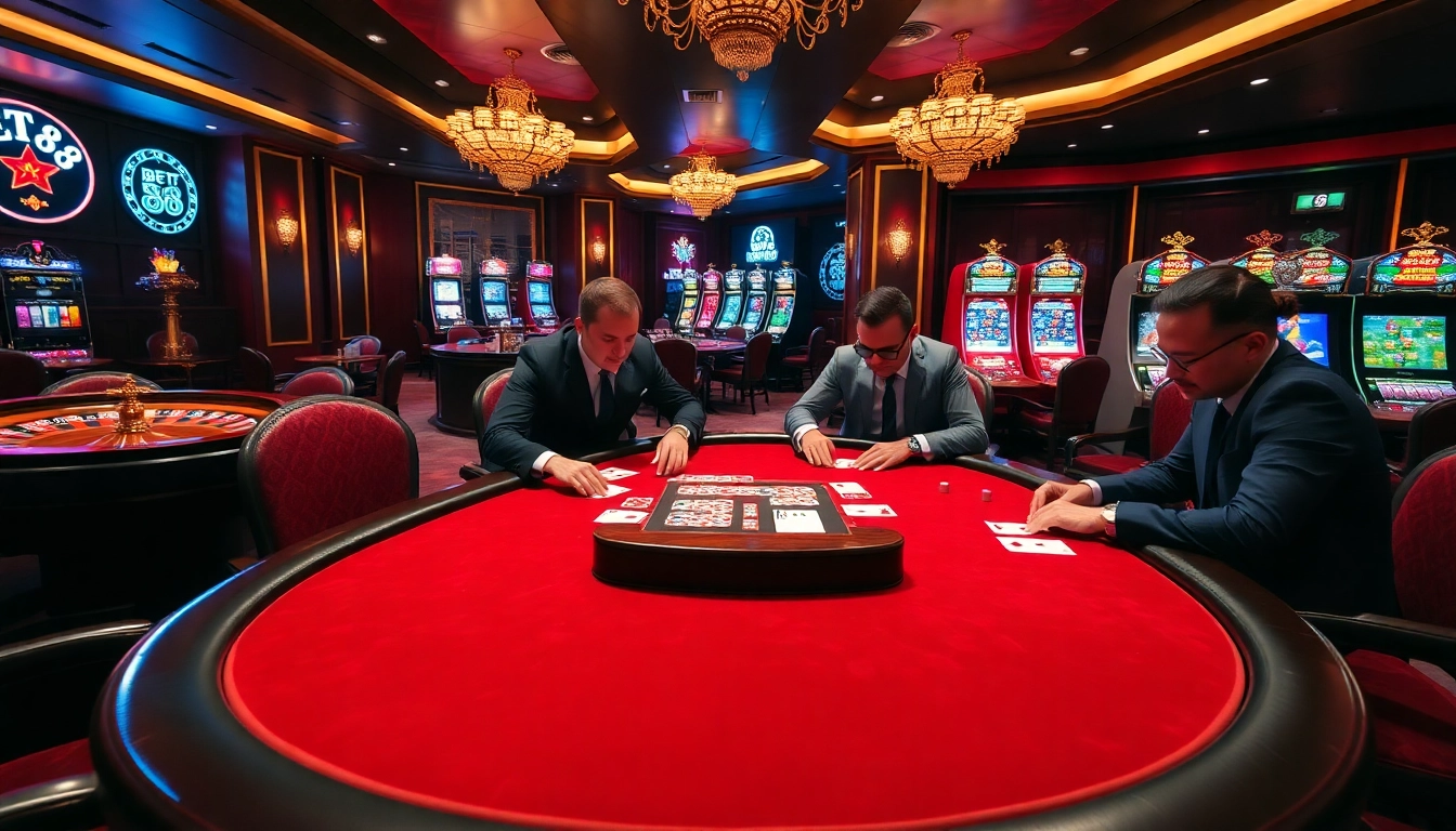 Experience the thrill of betting at the BET88 poker table with luxurious casino elements.