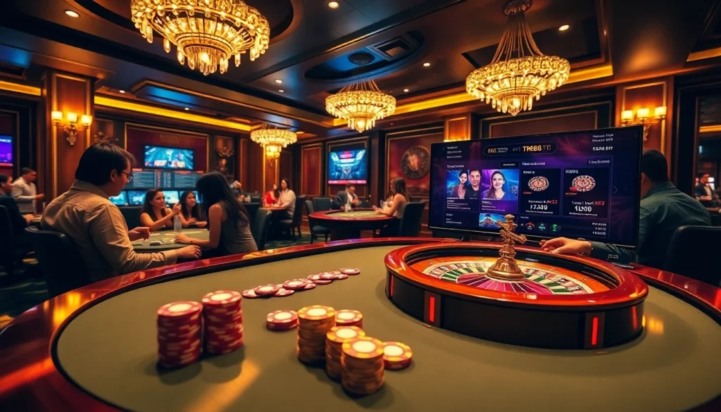 Exciting casino scene with players at poker tables and digital displays from https://tk88t.org/ showcasing live betting.