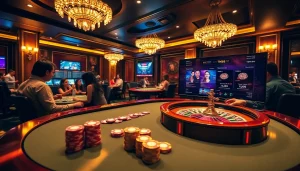 Exciting casino scene with players at poker tables and digital displays from https://tk88t.org/ showcasing live betting.