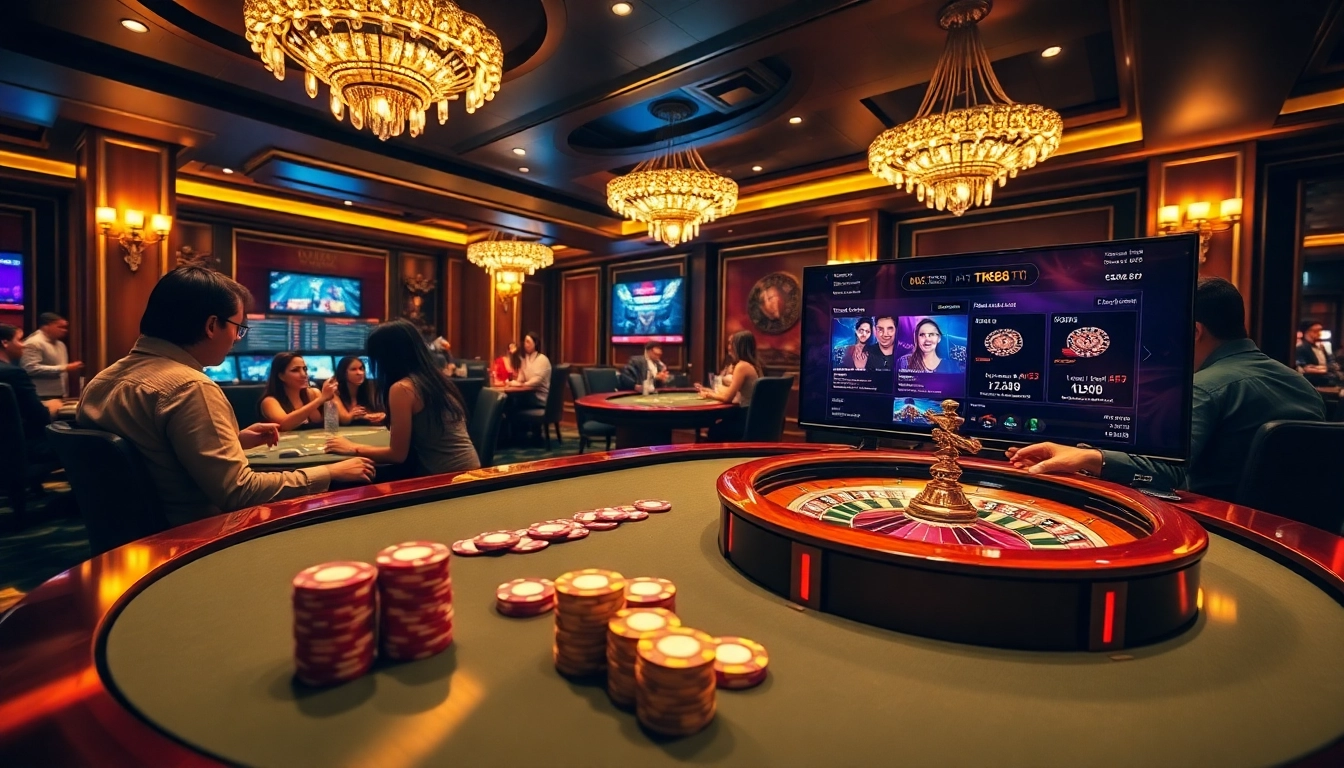 Exciting casino scene with players at poker tables and digital displays from https://tk88t.org/ showcasing live betting.