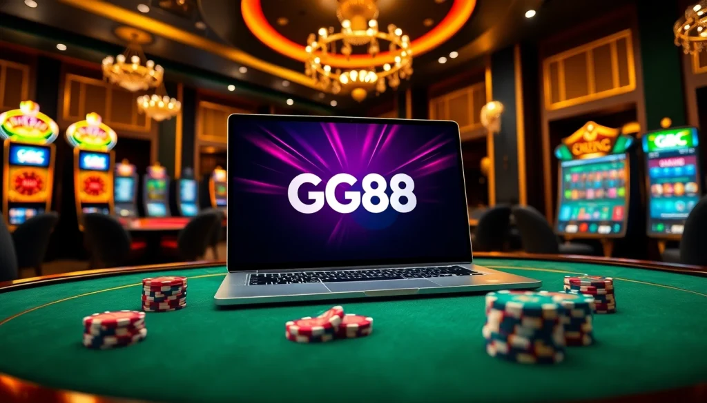 GG88 online gambling interface amid a luxurious casino atmosphere with poker and roulette elements.