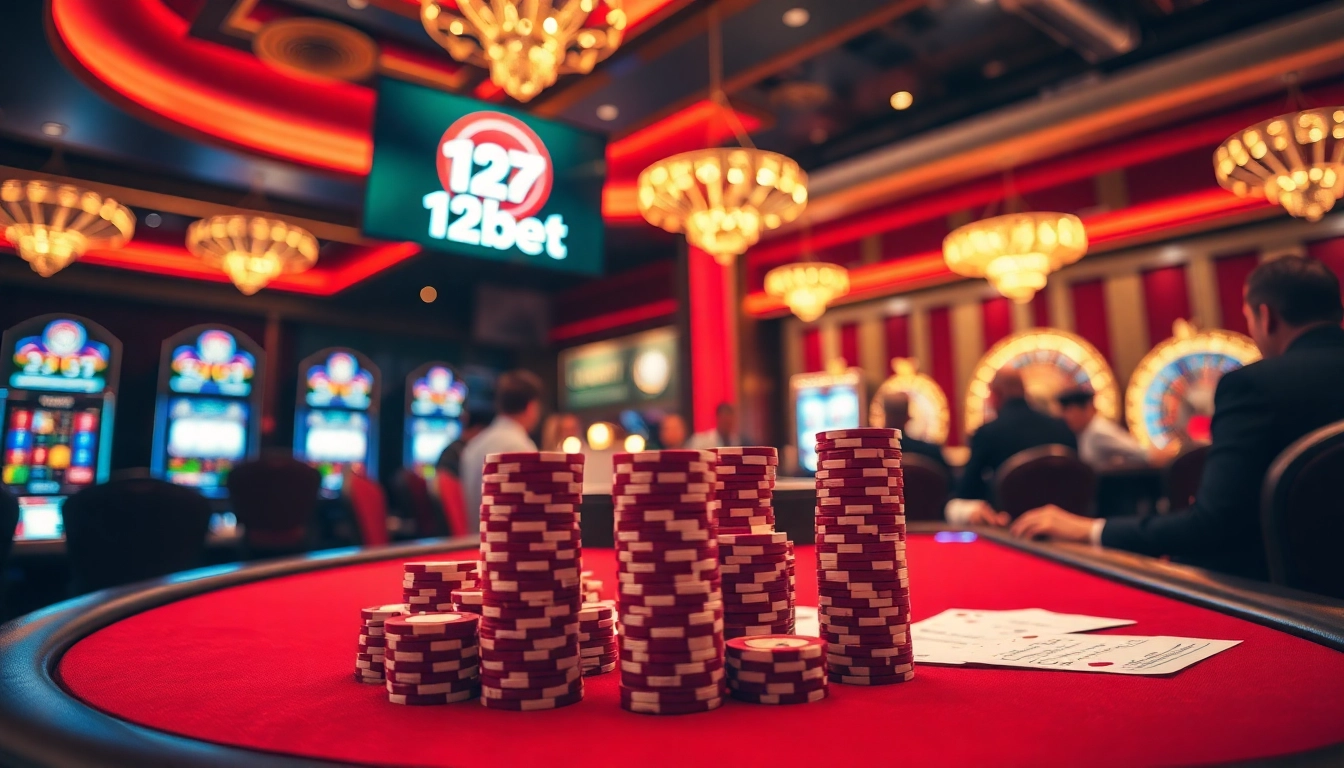 Join the excitement at link 12bet with vibrant casino visuals showcasing poker and slot games.