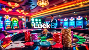 Players experience the thrill at Luck8's vibrant roulette table in a luxurious casino.